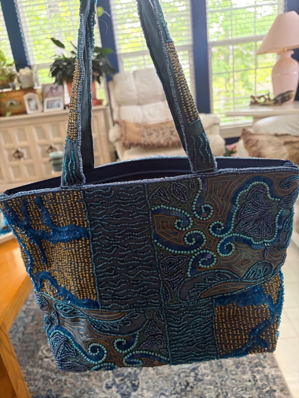 Beaded Teal Patchwork Tote Bag - Unbranded